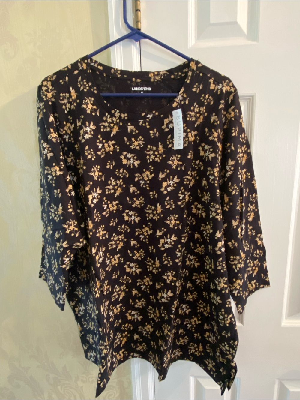 Lands' End Black Top with Cream Floral Print